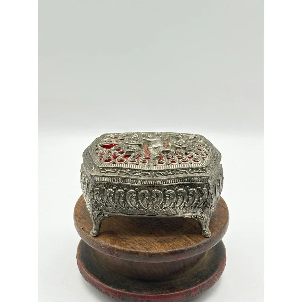 Vintage Filagree Footed Jewelry Box Casket Ornate Angel Red Velvet Lining Japan